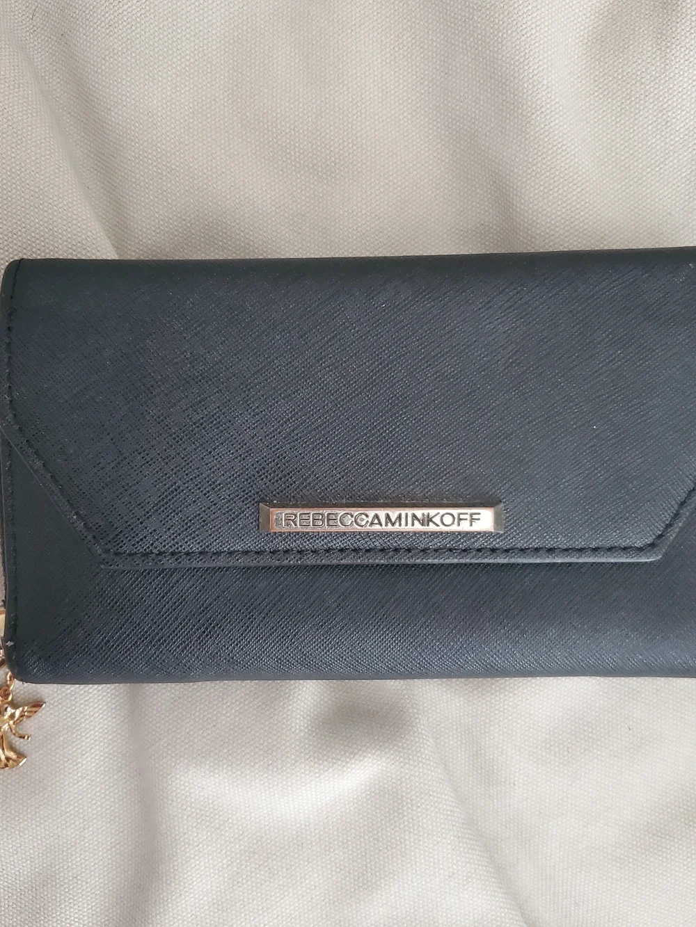 Rebecca Minkoff Black Saffiano Wristlet Clutch with Gold Plaque